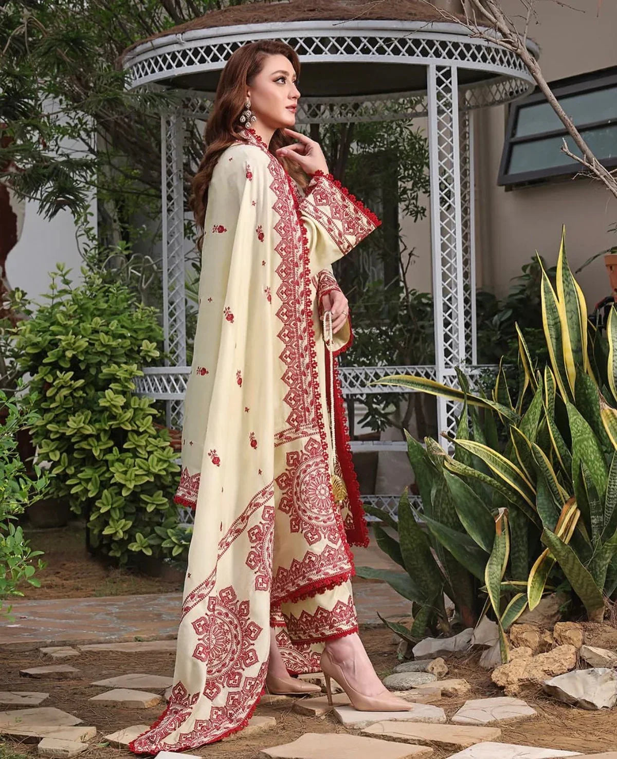 3PC DHANAK EMBROIDERED SHIRT WITH DHANAK EMB SHAWL AND TROUSER DN-2008
