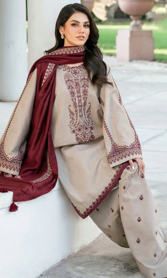 3PC UNSTITCHED DHANAK EMBROIDERED SHIRT WITH DHANAK EMBROIDERED DUPATTA ZA-804