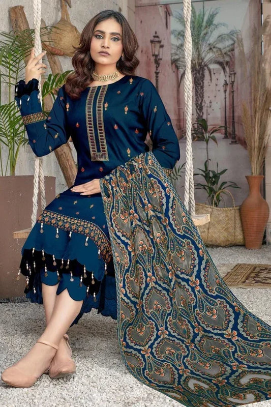 3PC UNSTITCHED DHANAK EMBROIDERED SHIRT WITH DHANAK APLIK WORK SHAWL EMBROIDERED DUPATTA ZS-110 B